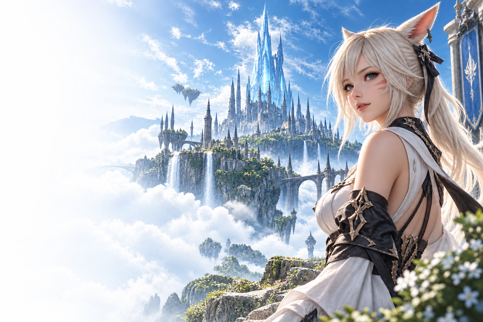 FFXIV Penumbra fantasy modding scene with a cat-eared character overlooking a floating sky city